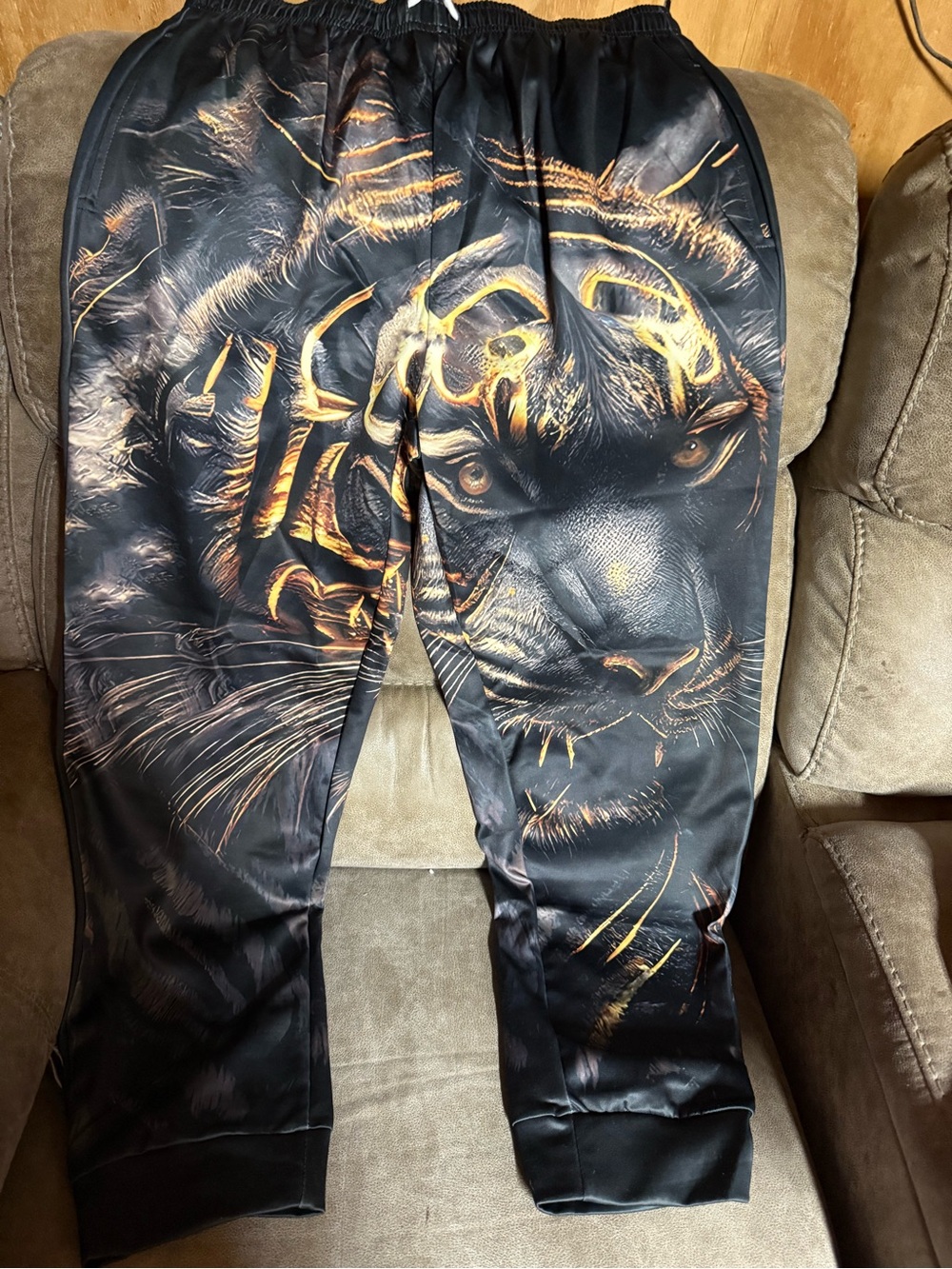 Black Jogger Pants with Metallic Gold Tiger Graphic